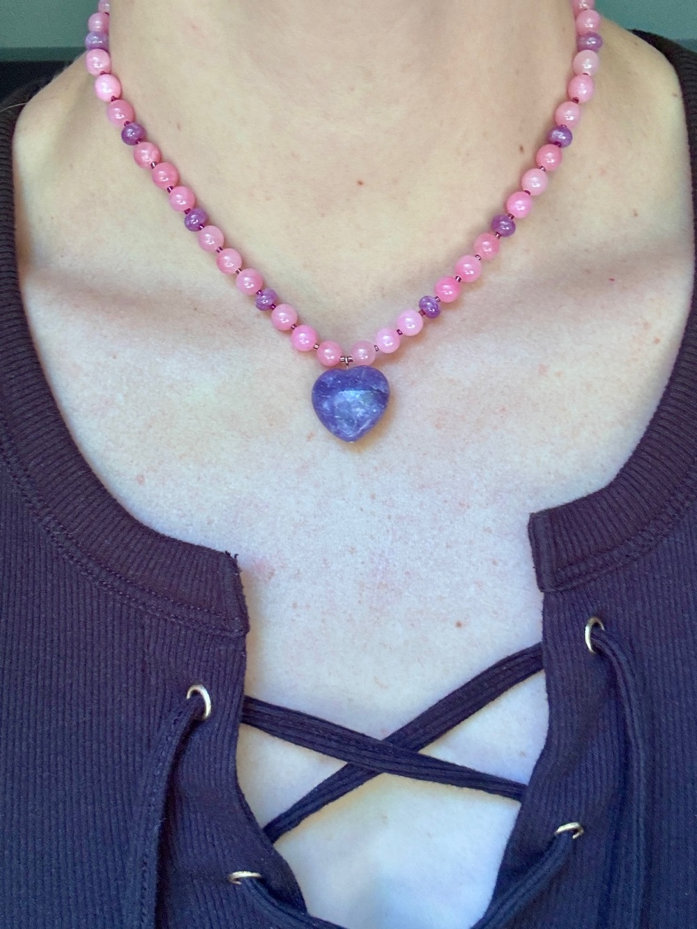 Pink and Purple Heart Pendant Beaded Necklace